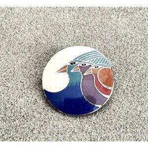 Vintage Signed LAUREL BURCH Enamel "Celestial Birds" BROOCH 3 Colorful Birds 1"